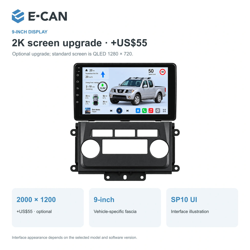 Nissan Frontier D40 2009–2012, 9-inch LHD fascia: 02 2k display. Standard QLED1280x720; 2K screens optional.