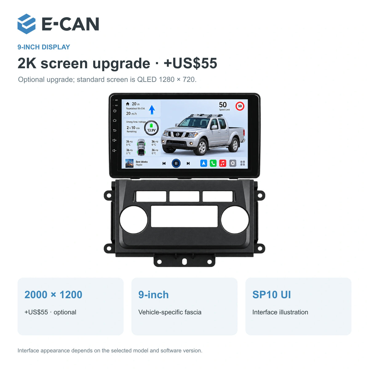 Nissan Frontier D40 2009–2012, 9-inch LHD fascia: 02 2k display. Standard QLED1280x720; 2K screens optional.