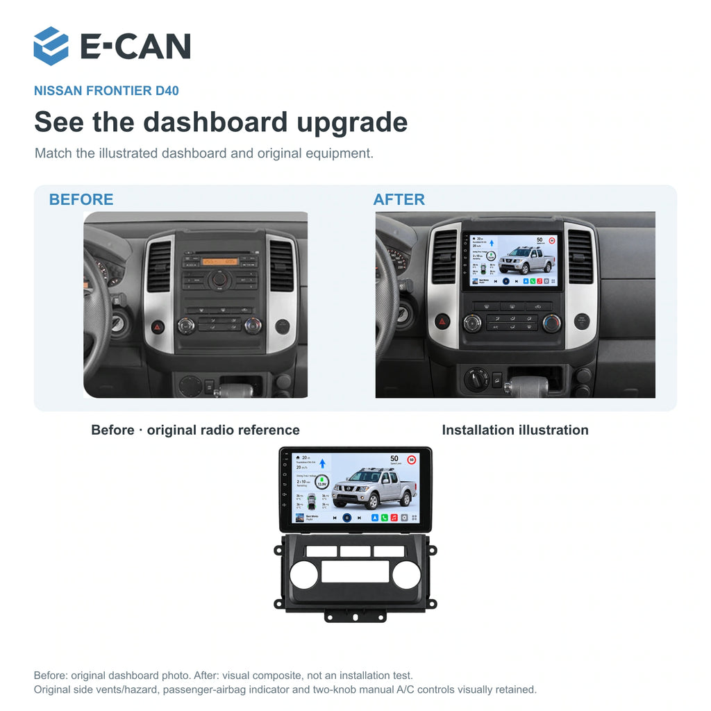 Nissan Frontier D40 2009–2012, 9-inch LHD fascia: 03 installation comparison. Standard QLED1280x720; 2K screens optional.