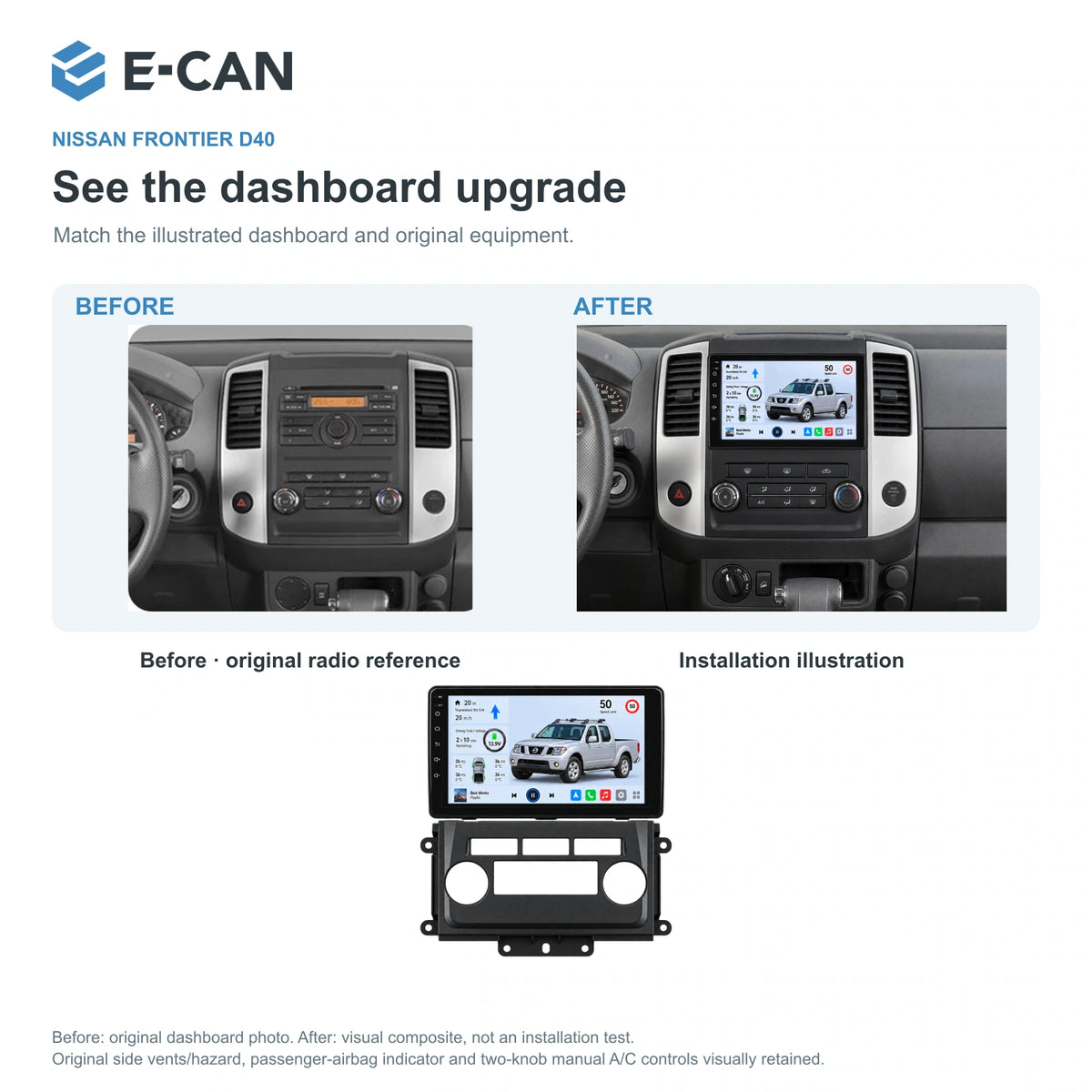 Nissan Frontier D40 2009–2012, 9-inch LHD fascia: 03 installation comparison. Standard QLED1280x720; 2K screens optional.