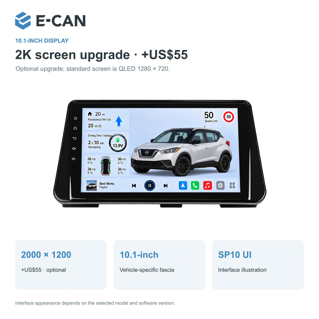 Nissan Kicks P15 2018–2019, 10.1-inch LHD fascia: 02 2k display. Standard QLED1280x720; 2K screens optional.