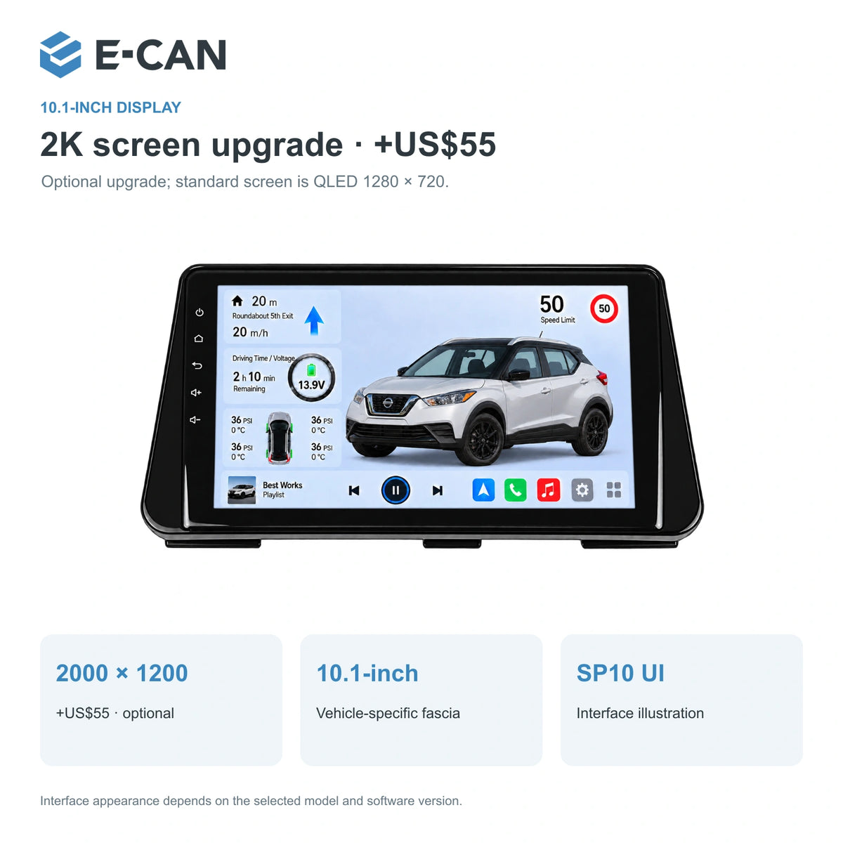 Nissan Kicks P15 2018–2019, 10.1-inch LHD fascia: 02 2k display. Standard QLED1280x720; 2K screens optional.