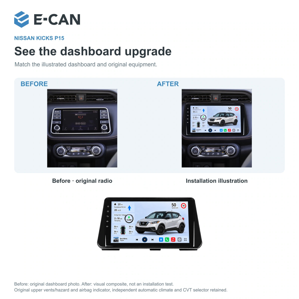 Nissan Kicks P15 2018–2019, 10.1-inch LHD fascia: 03 installation comparison. Standard QLED1280x720; 2K screens optional.