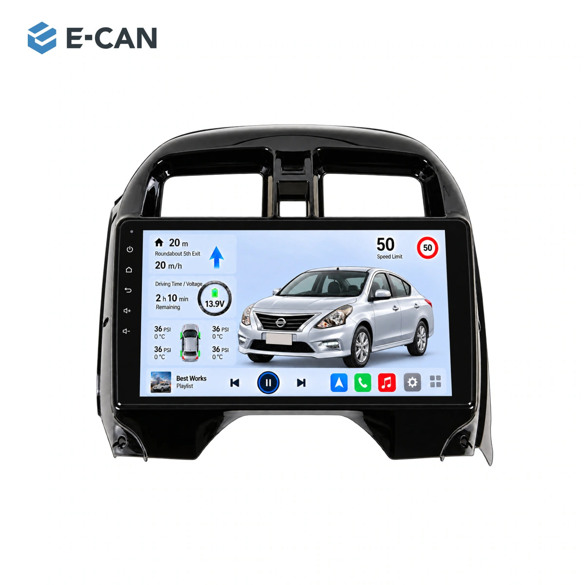 Nissan Sunny / Almera N17 2014–2018, 10-inch RHD fascia: 01 product white. Standard QLED1280x720; 2K screens optional.