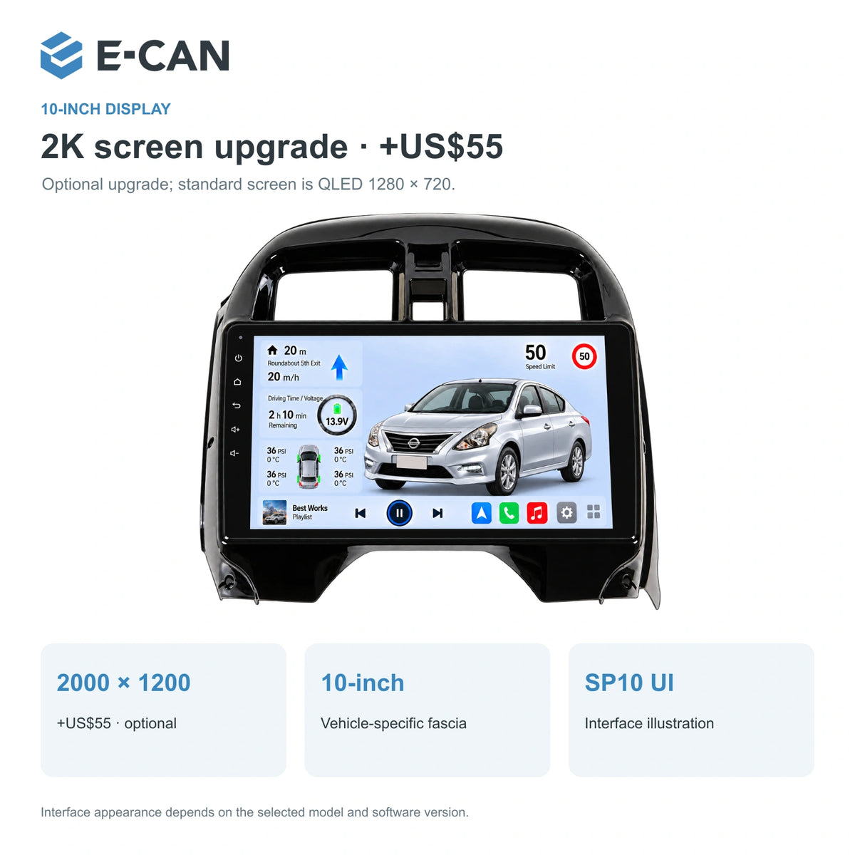 Nissan Sunny / Almera N17 2014–2018, 10-inch RHD fascia: 02 2k display. Standard QLED1280x720; 2K screens optional.