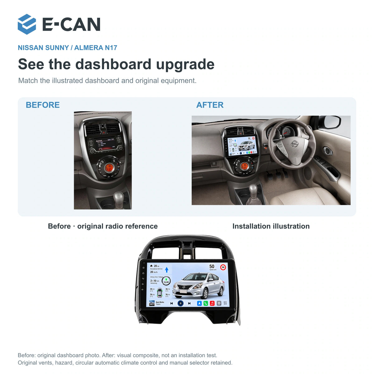 Nissan Sunny / Almera N17 2014–2018, 10-inch RHD fascia: 03 installation comparison. Standard QLED1280x720; 2K screens optional.