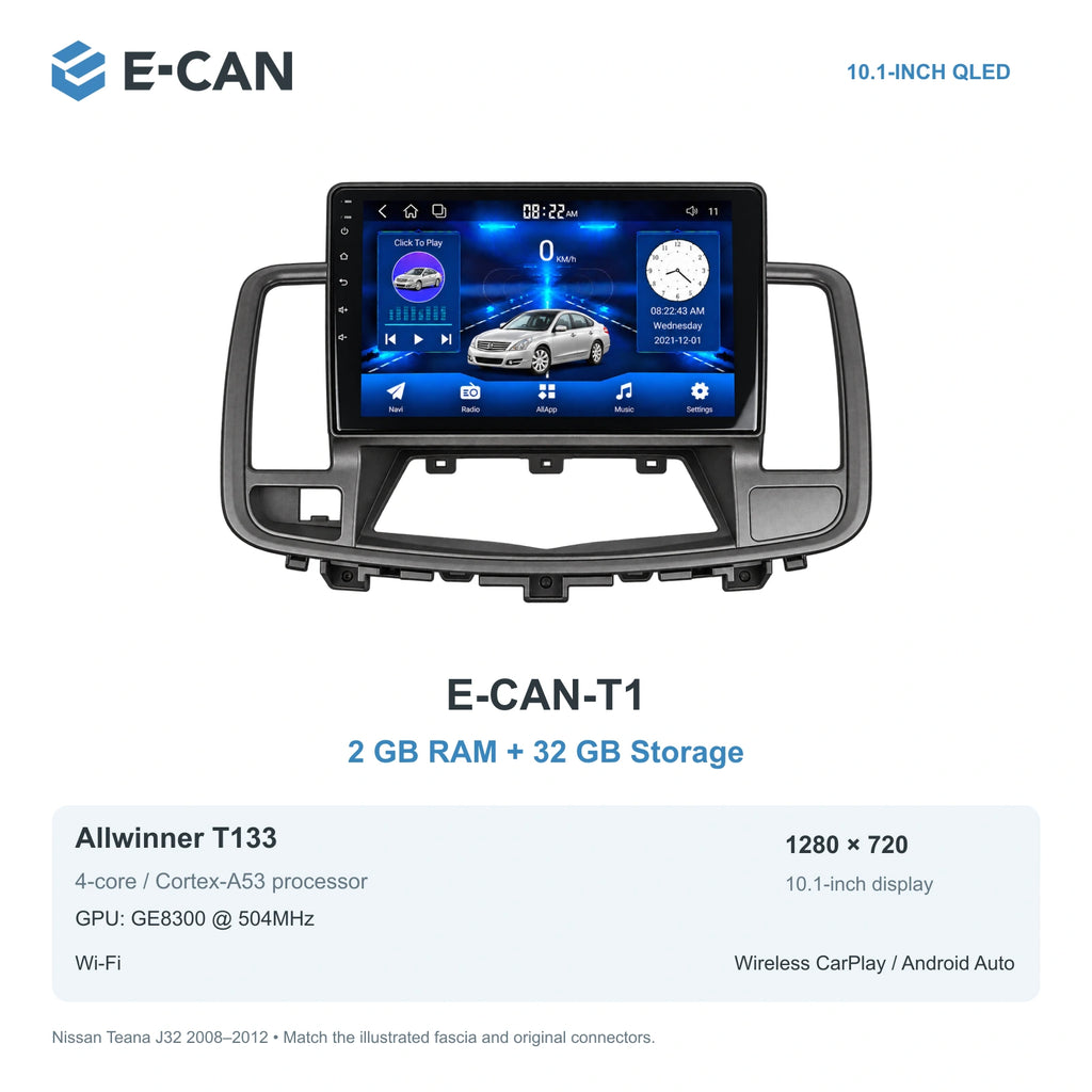 Nissan Teana J32 2008–2012, 10.1-inch LHD fascia: 01 t1 2 32gb. Standard QLED1280x720; 2K screens optional.