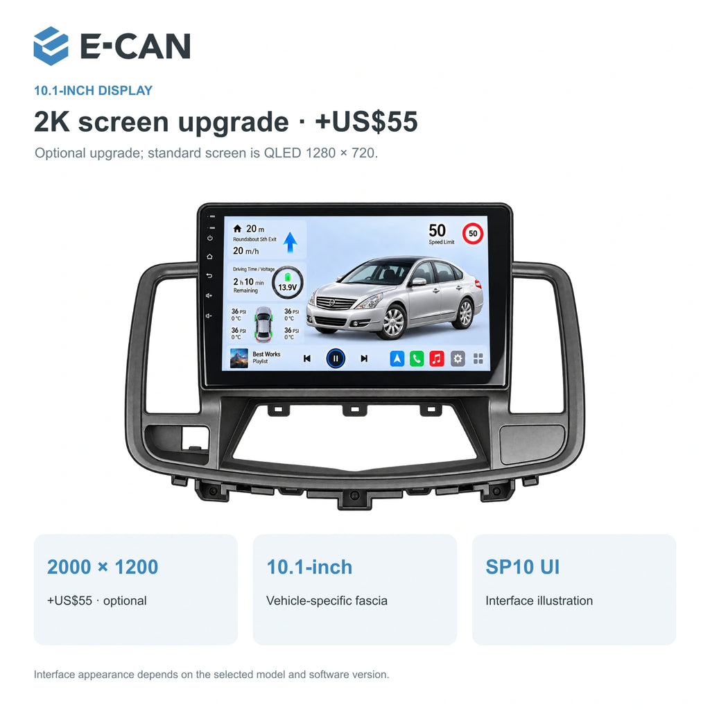 Nissan Teana J32 2008–2012, 10.1-inch LHD fascia: 02 2k display. Standard QLED1280x720; 2K screens optional.