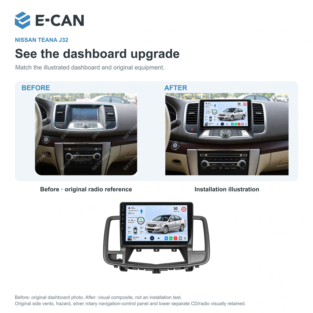Nissan Teana J32 2008–2012, 10.1-inch LHD fascia: 03 installation comparison. Standard QLED1280x720; 2K screens optional.