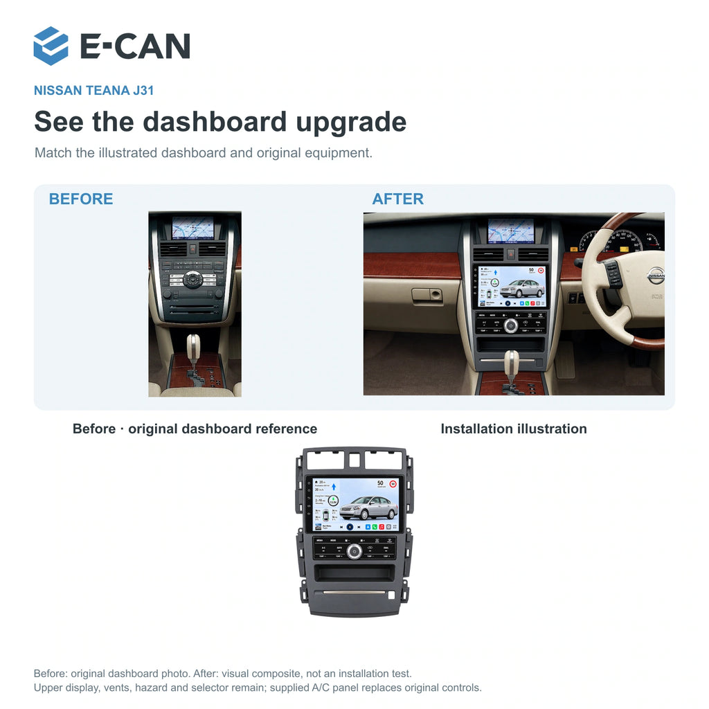 Nissan Teana J31 2003–2008, 9-inch RHD fascia: 03 installation comparison. Standard QLED1280x720; 2K screens optional.