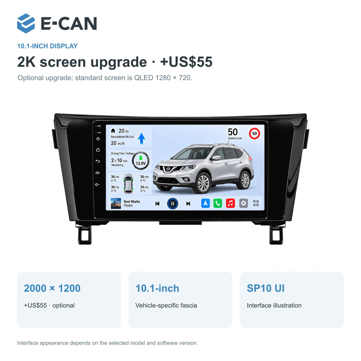 Nissan X-Trail T32 2014, 10.1-inch LHD fascia: 02 2k display. Standard QLED1280x720; 2K screens optional.