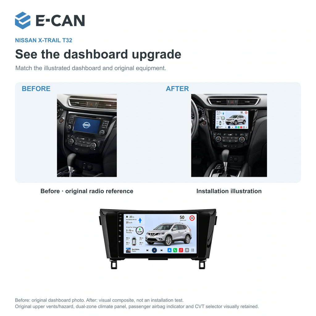 Nissan X-Trail T32 2014, 10.1-inch LHD fascia: 03 installation comparison. Standard QLED1280x720; 2K screens optional.