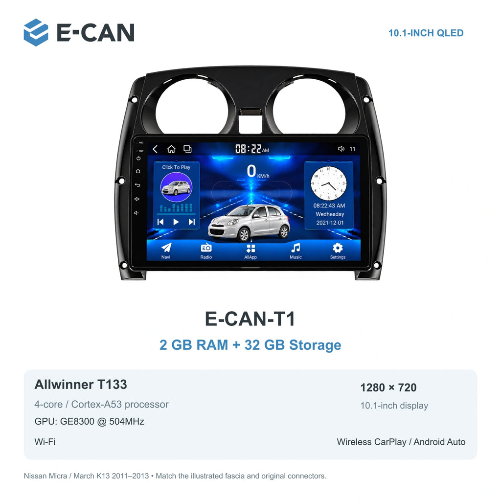 Nissan Micra / March K13 2011–2013, 10.1-inch RHD fascia: 01 t1 2 32gb. Standard QLED1280x720; 2K screens optional.
