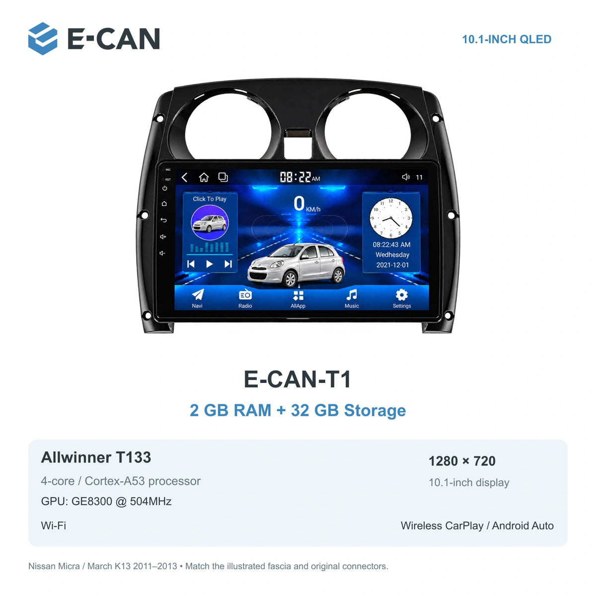 Nissan Micra / March K13 2011–2013, 10.1-inch RHD fascia: 01 t1 2 32gb. Standard QLED1280x720; 2K screens optional.