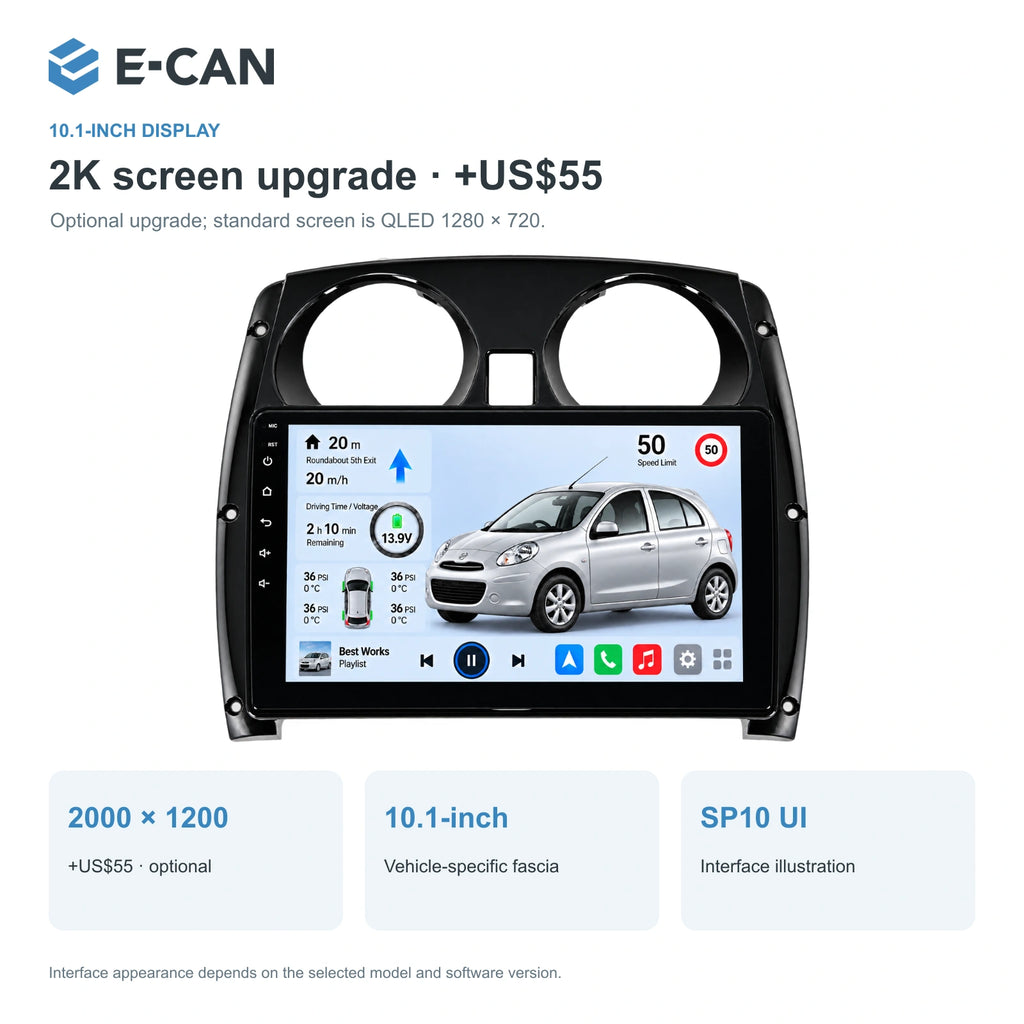 Nissan Micra / March K13 2011–2013, 10.1-inch RHD fascia: 02 2k display. Standard QLED1280x720; 2K screens optional.