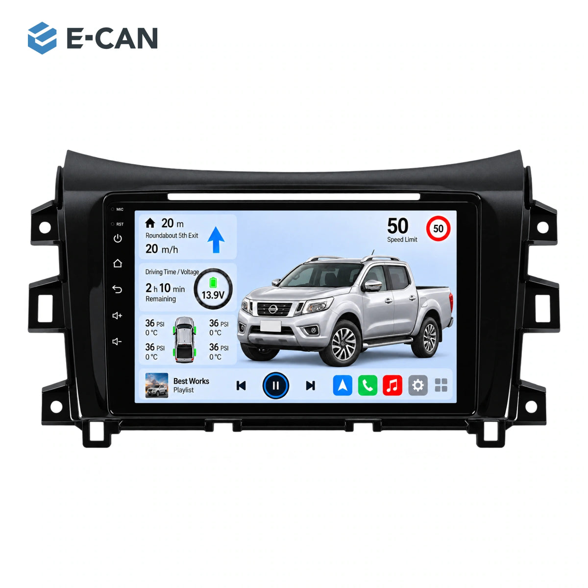 Nissan Navara / Frontier NP300 2015–2023, 10-inch LHD fascia: 01 product white. Standard QLED1280x720; 2K screens optional.