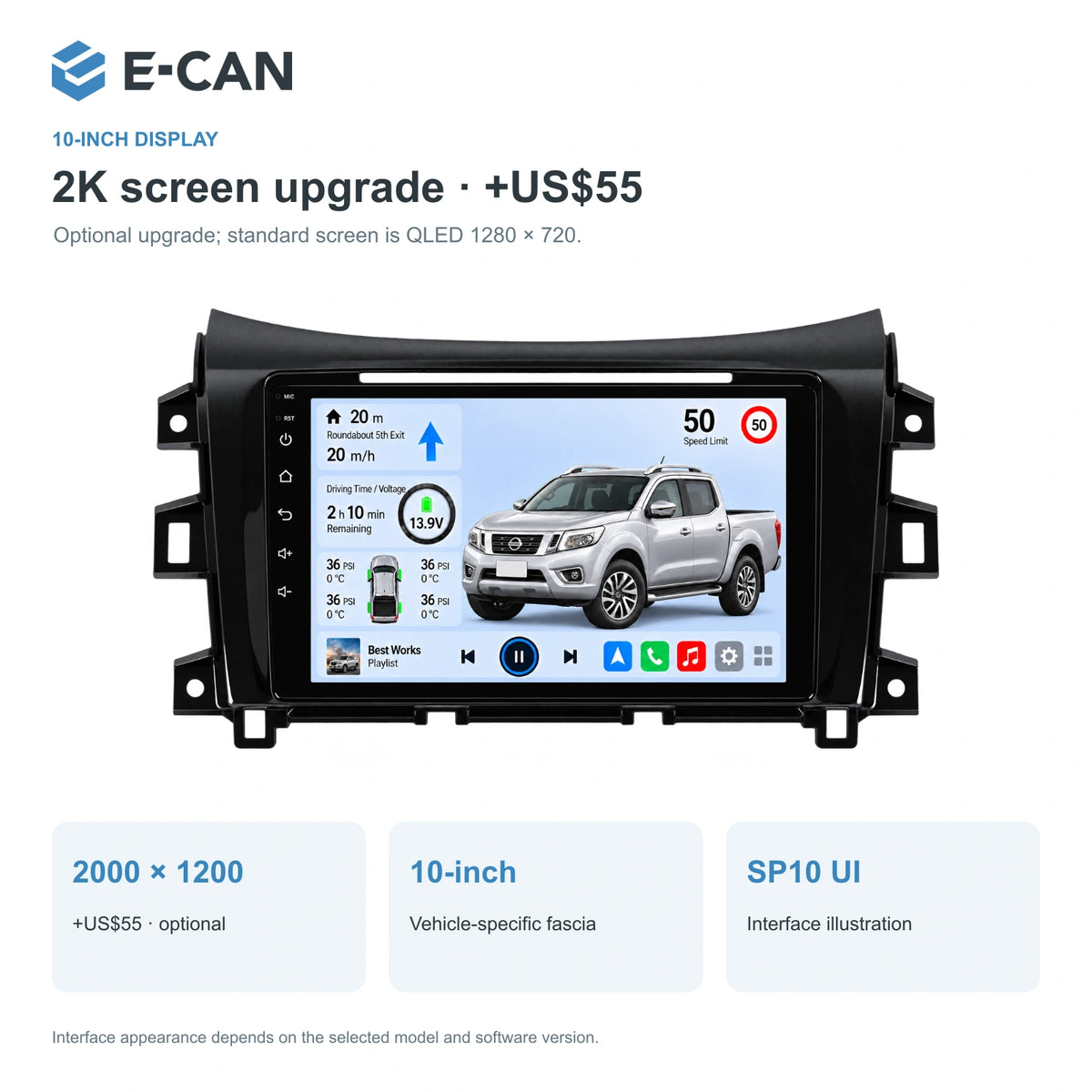 Nissan Navara / Frontier NP300 2015–2023, 10-inch LHD fascia: 02 2k display. Standard QLED1280x720; 2K screens optional.