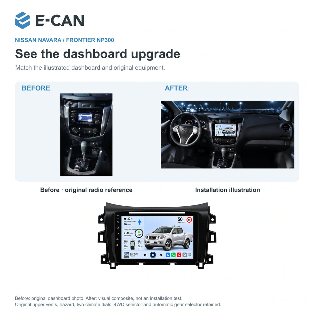 Nissan Navara / Frontier NP300 2015–2023, 10-inch LHD fascia: 03 installation comparison. Standard QLED1280x720; 2K screens optional.