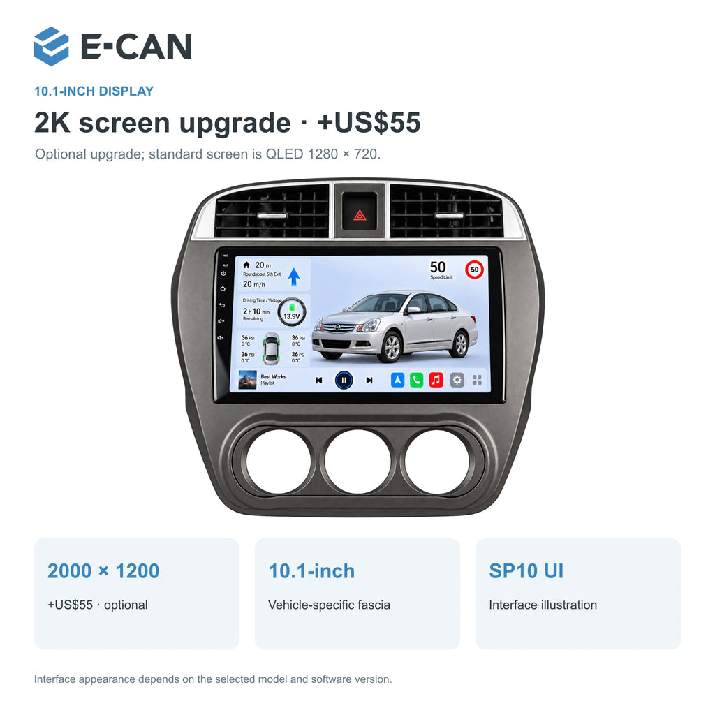 Nissan Sylphy G11 Classic 2008–2012, 10.1-inch RHD fascia: 02 2k display. Standard QLED1280x720; 2K screens optional.