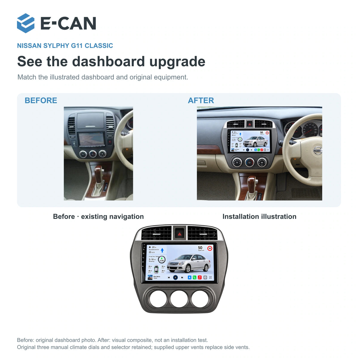 Nissan Sylphy G11 Classic 2008–2012, 10.1-inch RHD fascia: 03 installation comparison. Standard QLED1280x720; 2K screens optional.