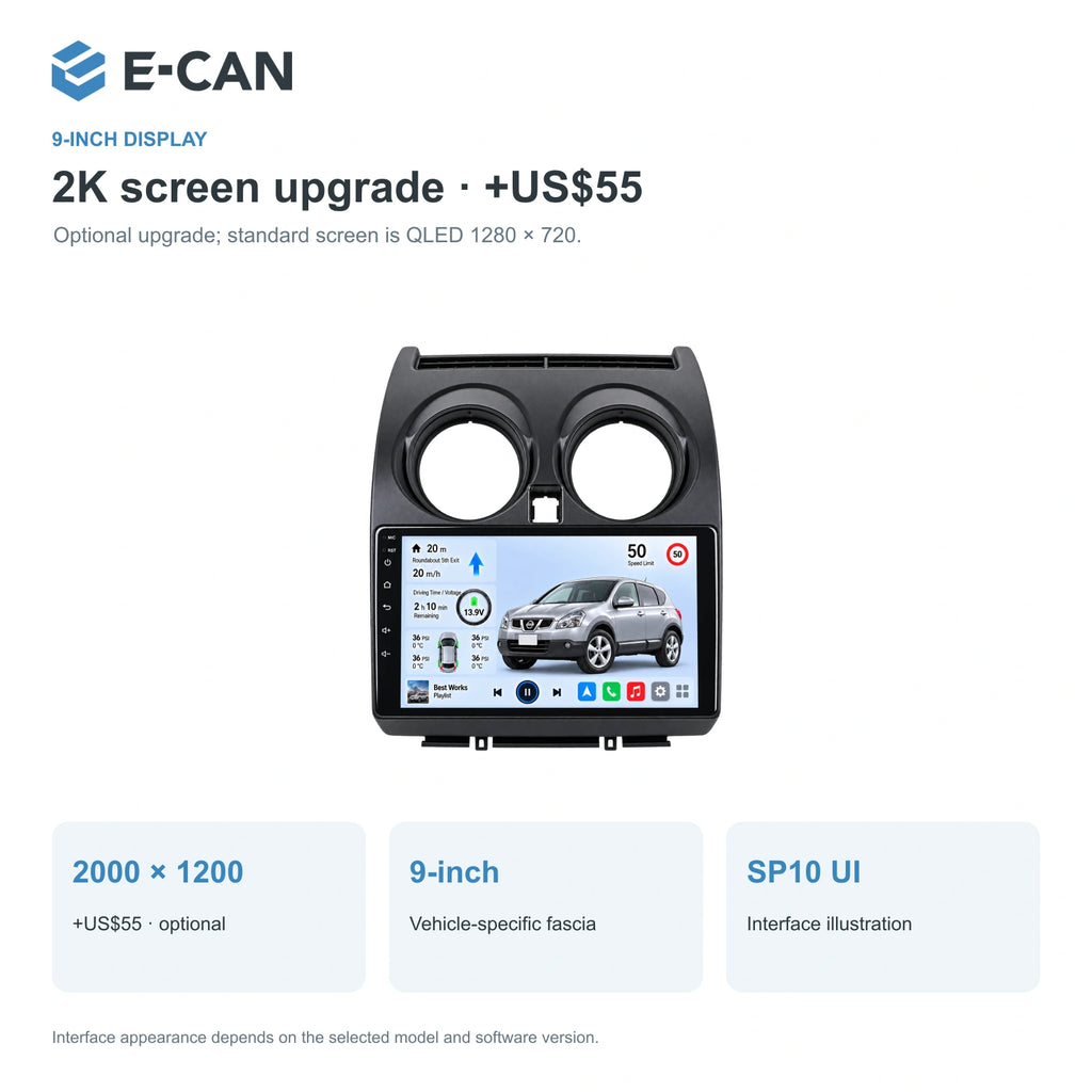 Nissan Qashqai / Dualis J10 2008–2013, 9-inch LHD fascia: 02 2k display. Standard QLED1280x720; 2K screens optional.