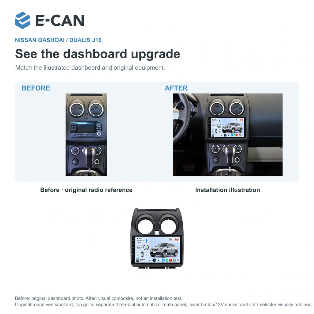 Nissan Qashqai / Dualis J10 2008–2013, 9-inch LHD fascia: 03 installation comparison. Standard QLED1280x720; 2K screens optional.