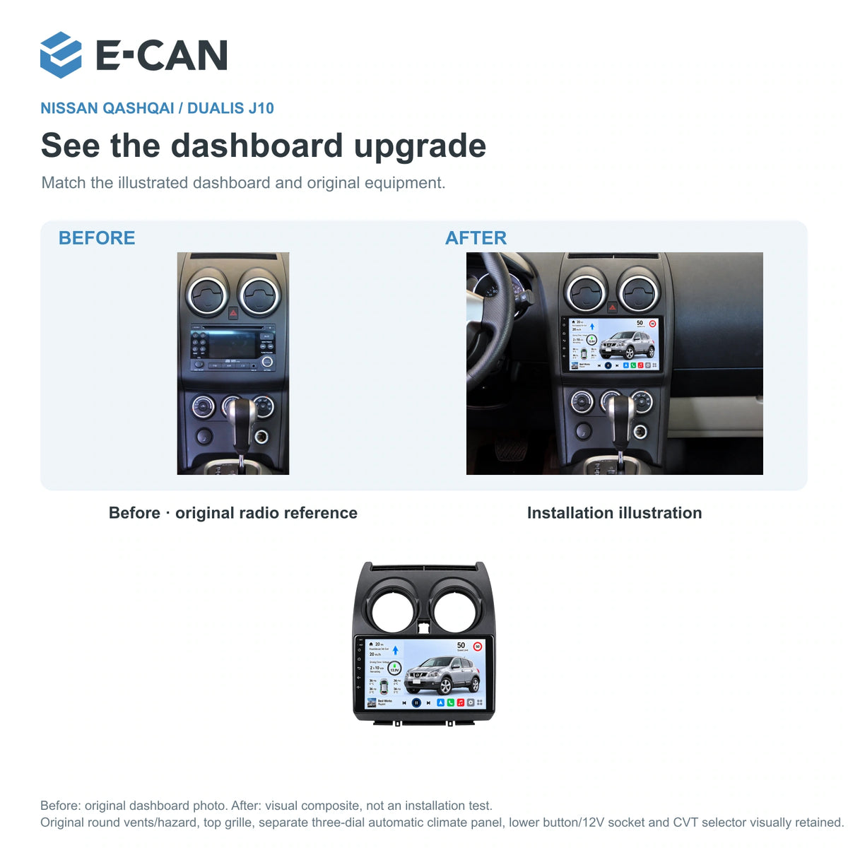 Nissan Qashqai / Dualis J10 2008–2013, 9-inch LHD fascia: 03 installation comparison. Standard QLED1280x720; 2K screens optional.