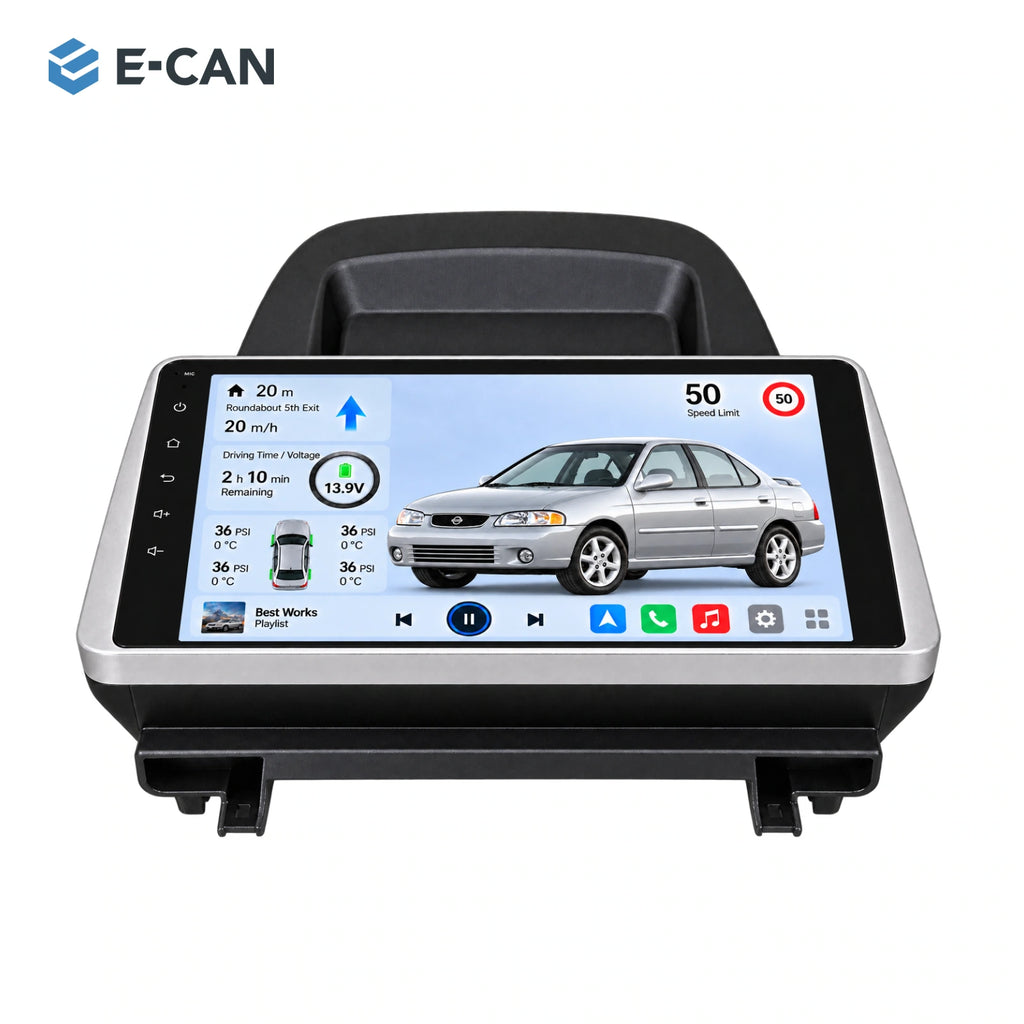 Nissan Almera N16 / Sentra B15 2000–2003 / 2001–2006, 10.1-inch LHD fascia: 01 product white. Standard QLED1280x720; 2K screens optional.