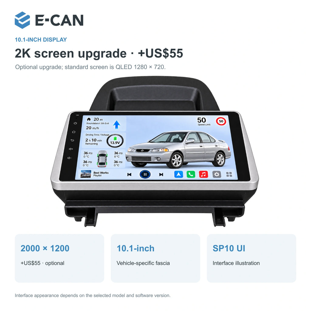 Nissan Almera N16 / Sentra B15 2000–2003 / 2001–2006, 10.1-inch LHD fascia: 02 2k display. Standard QLED1280x720; 2K screens optional.