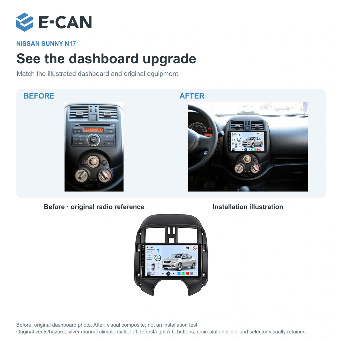 Nissan Sunny N17 2011–2013, 9-inch LHD fascia: 03 installation comparison. Standard QLED1280x720; 2K screens optional.