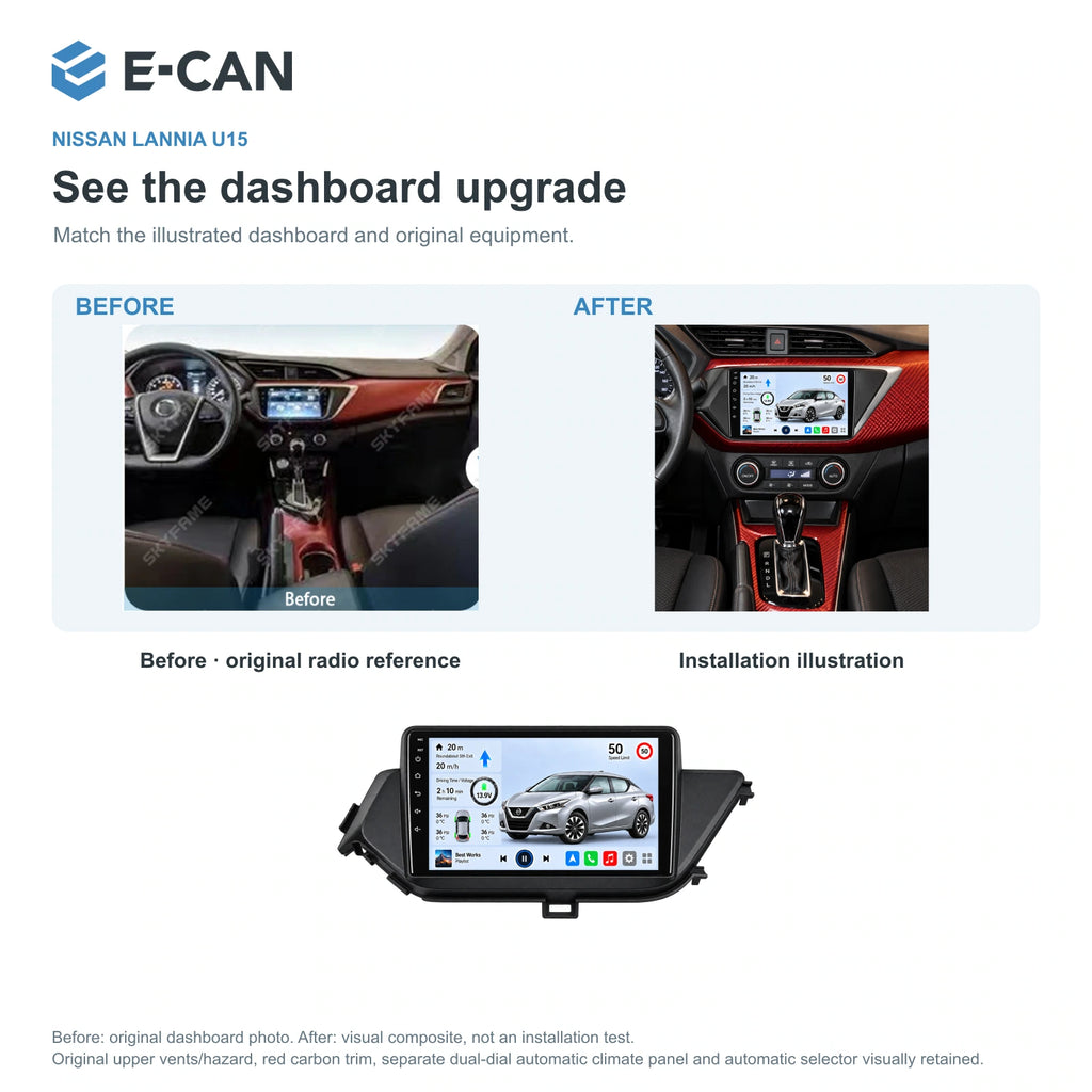 Nissan Lannia U15 2016, 9-inch LHD fascia: 03 installation comparison. Standard QLED1280x720; 2K screens optional.