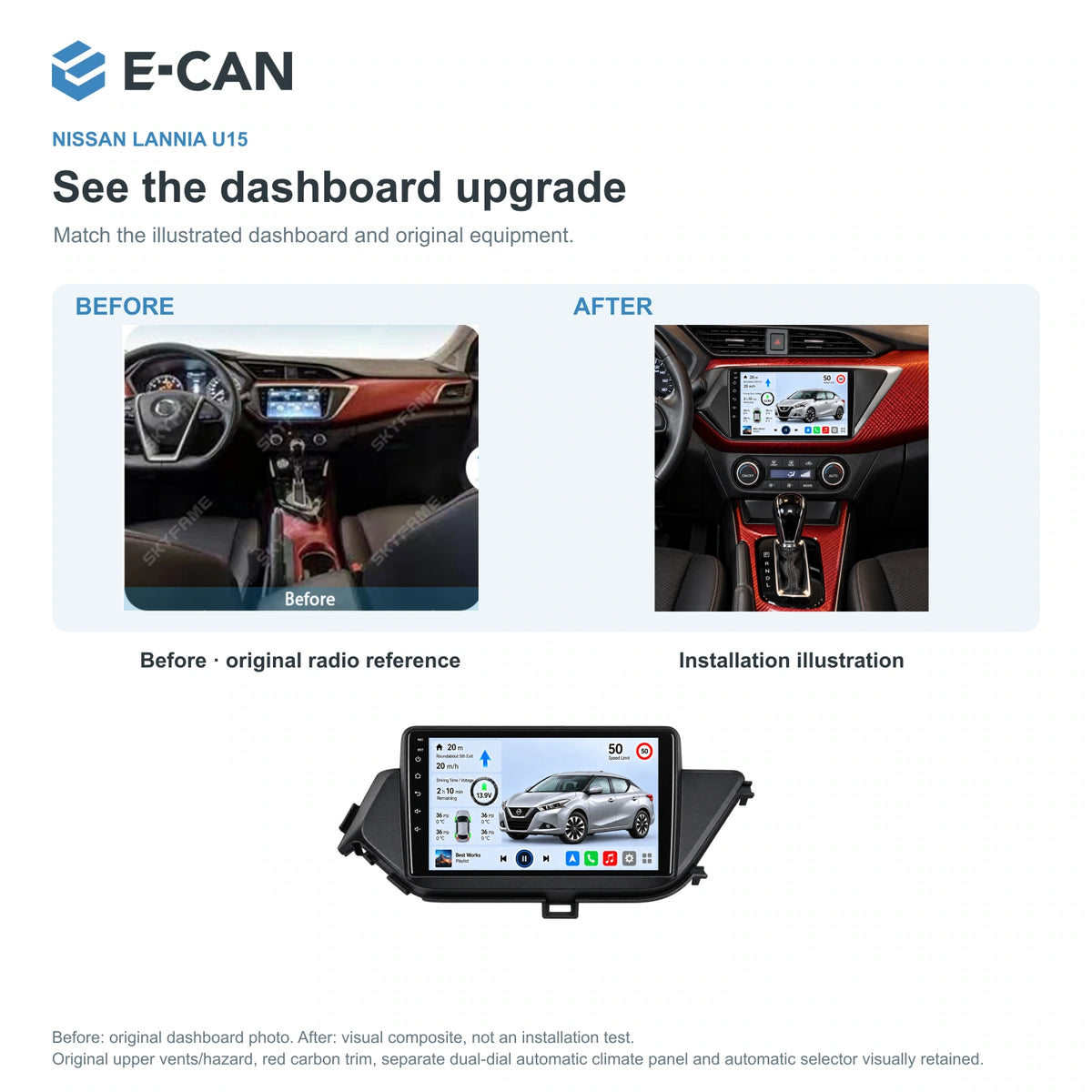 Nissan Lannia U15 2016, 9-inch LHD fascia: 03 installation comparison. Standard QLED1280x720; 2K screens optional.