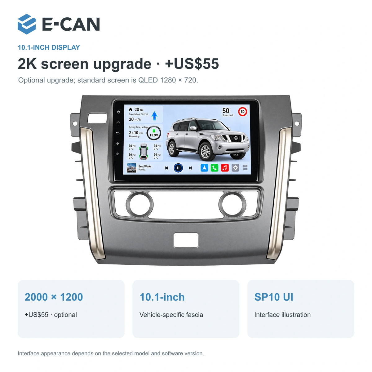 Nissan Patrol Y62 Low Trim 2015–2017, 10.1-inch LHD fascia: 02 2k display. Standard QLED1280x720; 2K screens optional.