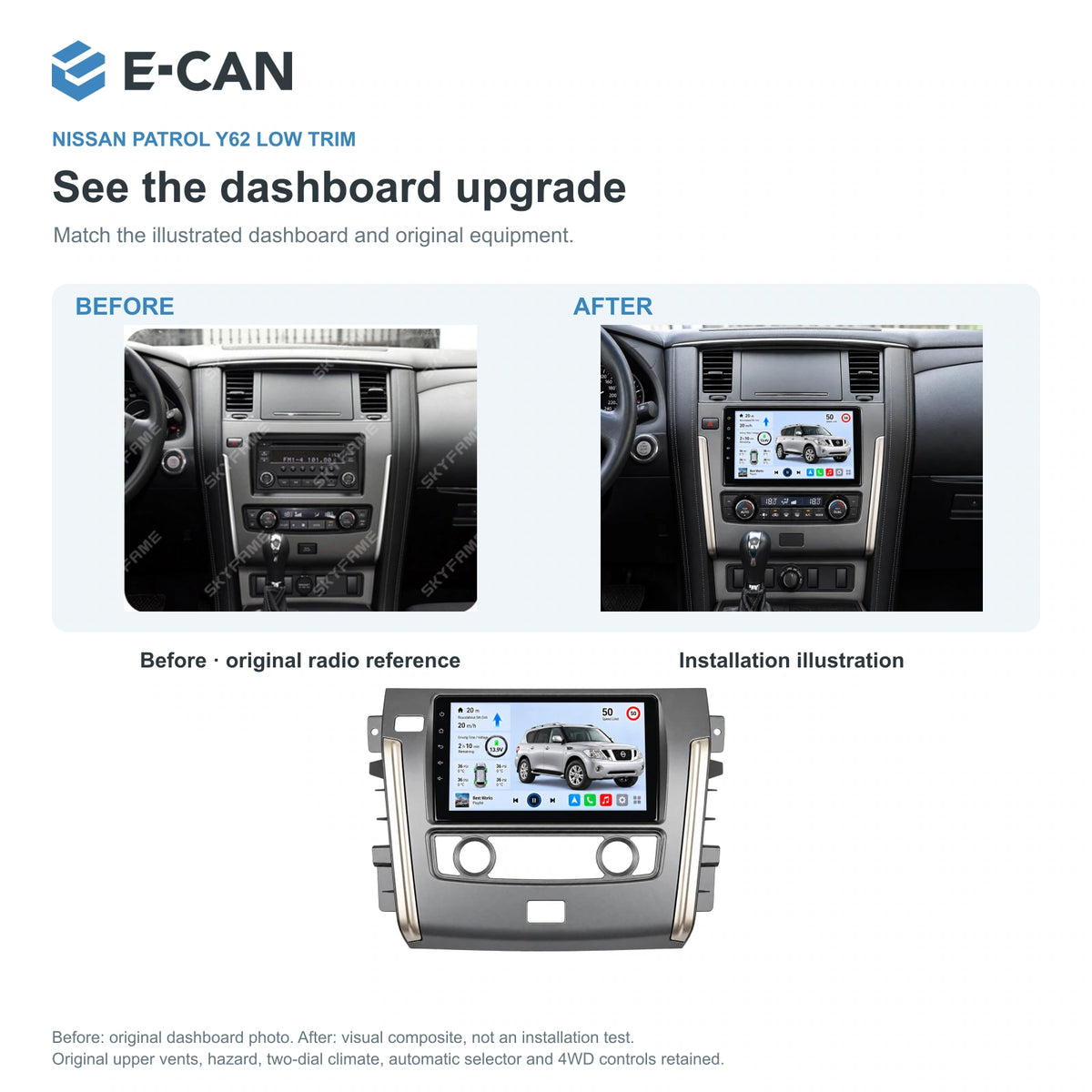 Nissan Patrol Y62 Low Trim 2015–2017, 10.1-inch LHD fascia: 03 installation comparison. Standard QLED1280x720; 2K screens optional.