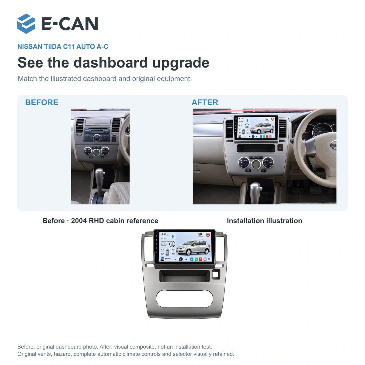 Nissan Tiida C11 Auto A-C 2006–2011, 9-inch RHD fascia: 03 installation comparison. Standard QLED1280x720; 2K screens optional.