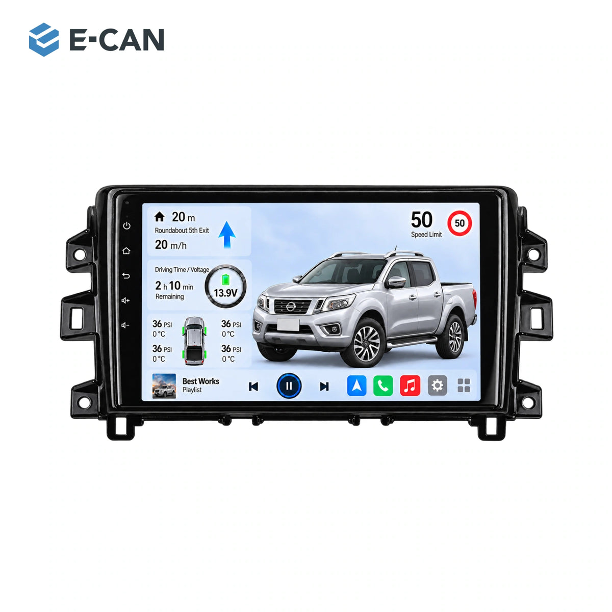 Nissan Navara / Frontier NP300 2015–2023, 9-inch LHD fascia: 01 product white. Standard QLED1280x720; 2K screens optional.
