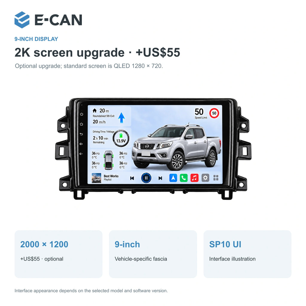 Nissan Navara / Frontier NP300 2015–2023, 9-inch LHD fascia: 02 2k display. Standard QLED1280x720; 2K screens optional.