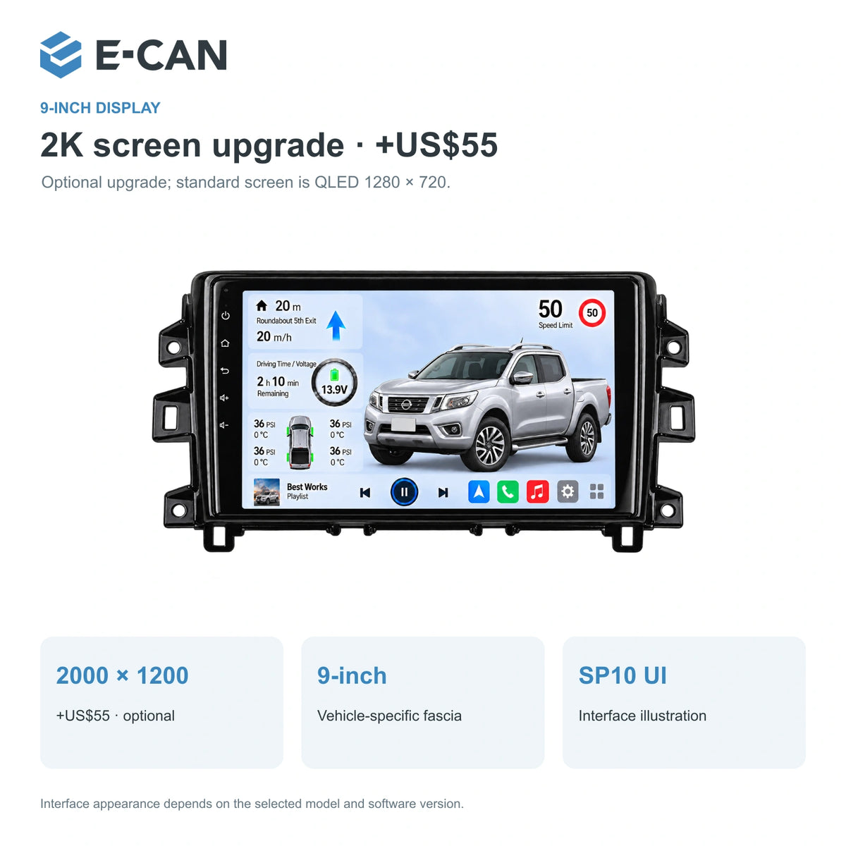 Nissan Navara / Frontier NP300 2015–2023, 9-inch LHD fascia: 02 2k display. Standard QLED1280x720; 2K screens optional.