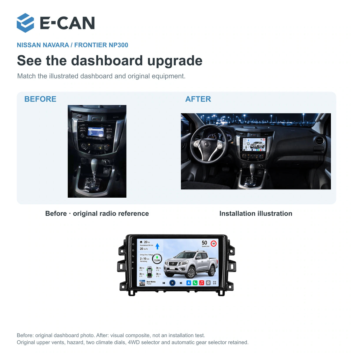 Nissan Navara / Frontier NP300 2015–2023, 9-inch LHD fascia: 03 installation comparison. Standard QLED1280x720; 2K screens optional.