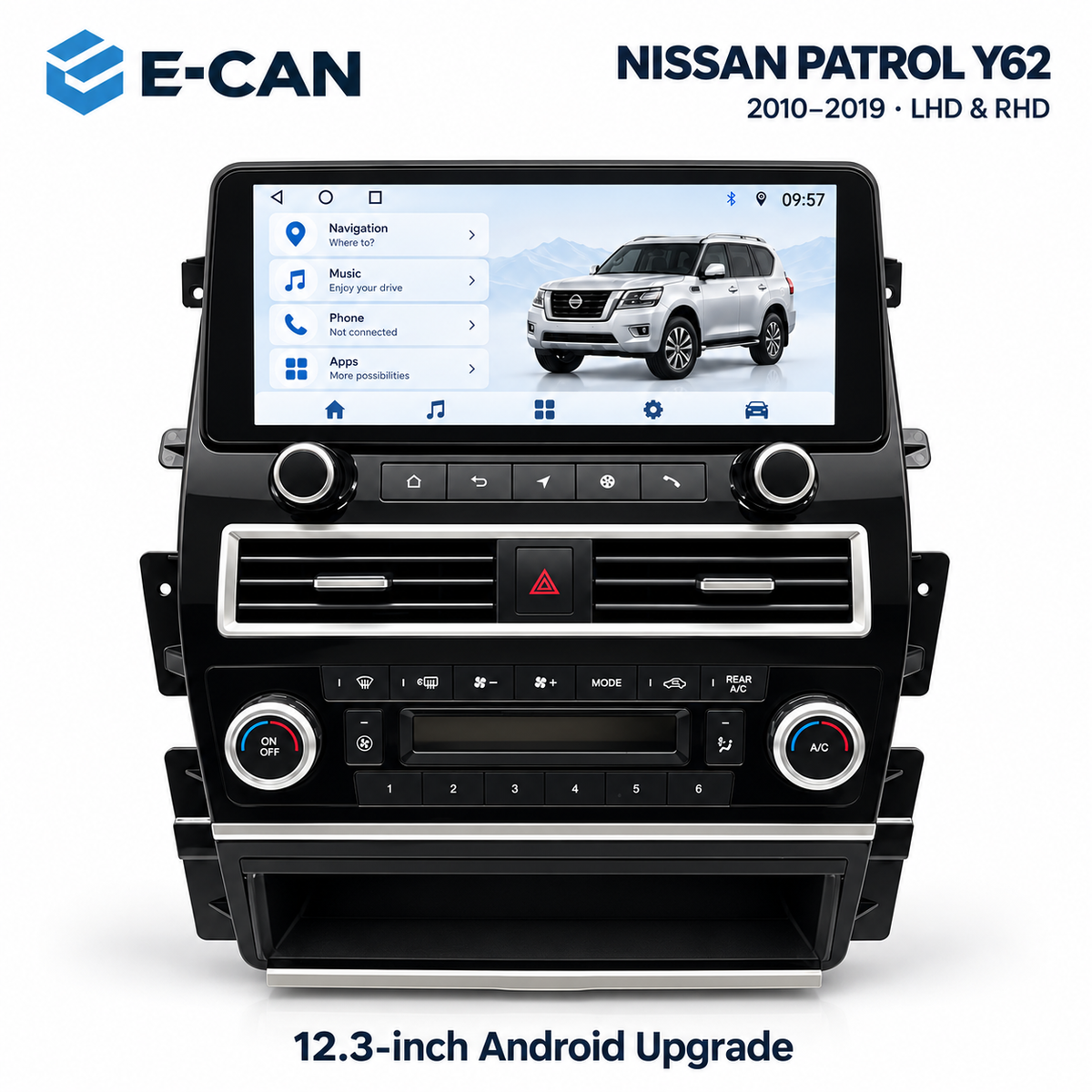 E-CAN 12.3-inch Android upgrade for Nissan Patrol Y62 2010–2019, compatible with left-hand and right-hand drive dashboards