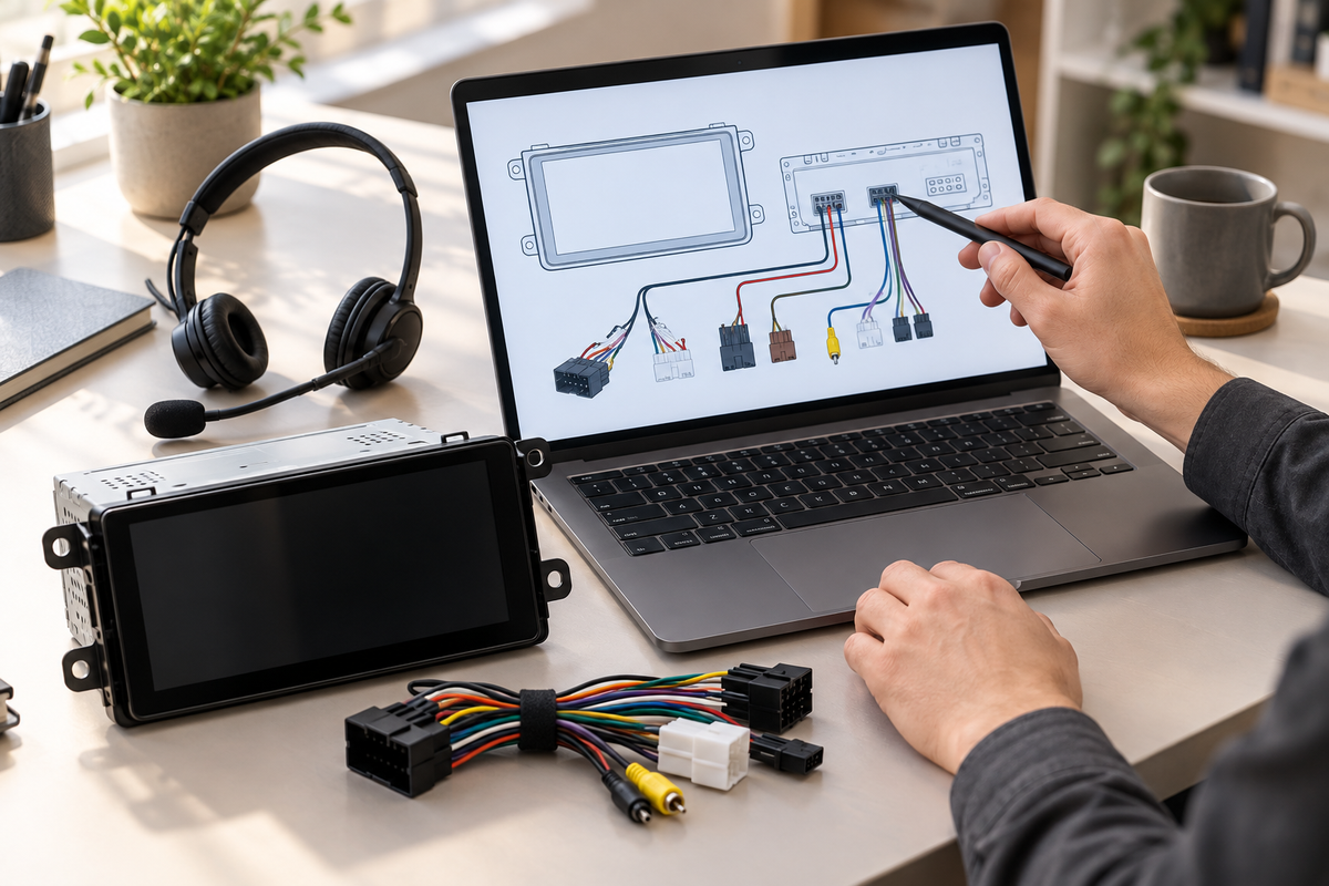 Ilustración de unos auriculares, un diagrama de cableado de computadora portátil y componentes de audio para automóviles
