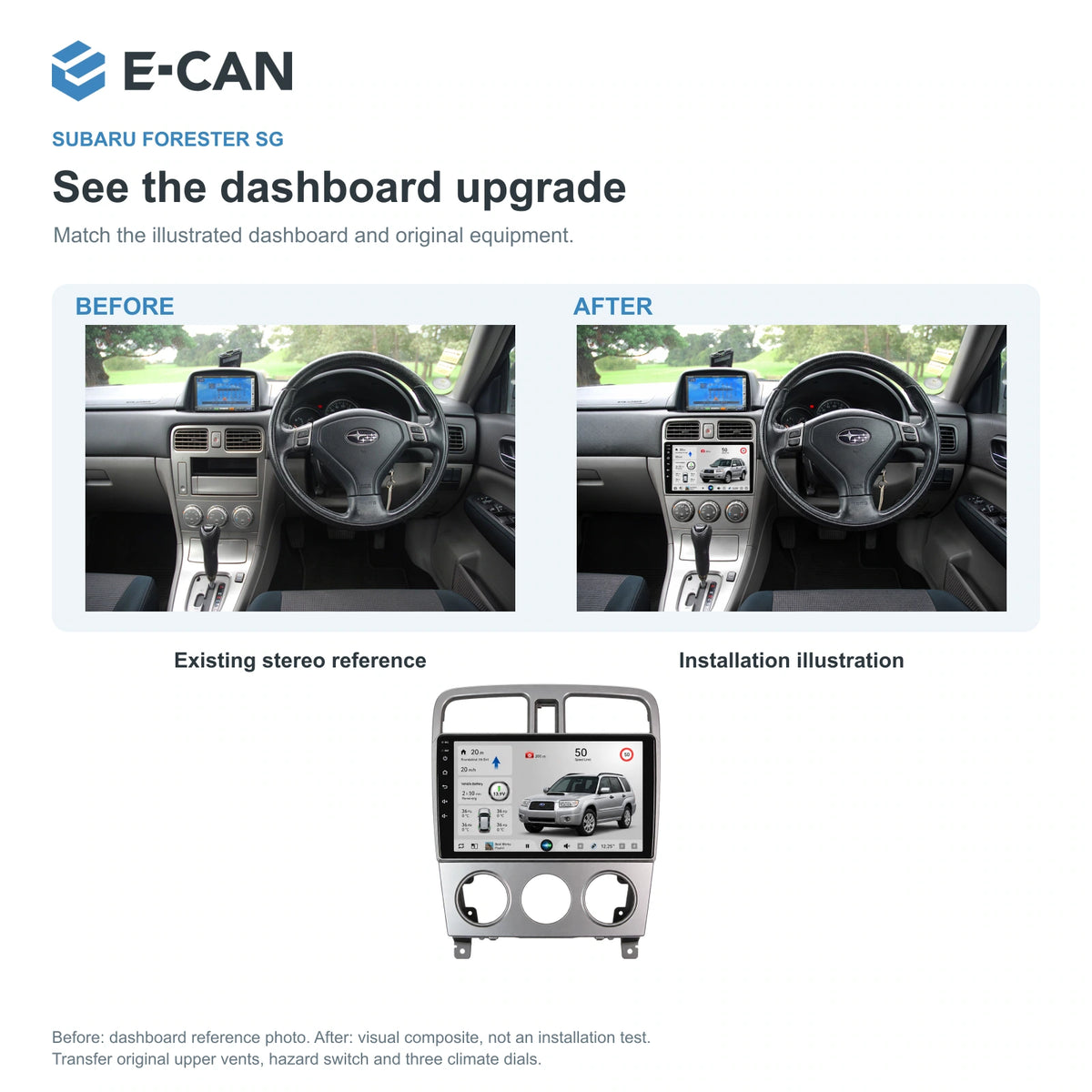 Factory dashboard reference and installation illustration for Subaru Forester SG SG 2004–2007