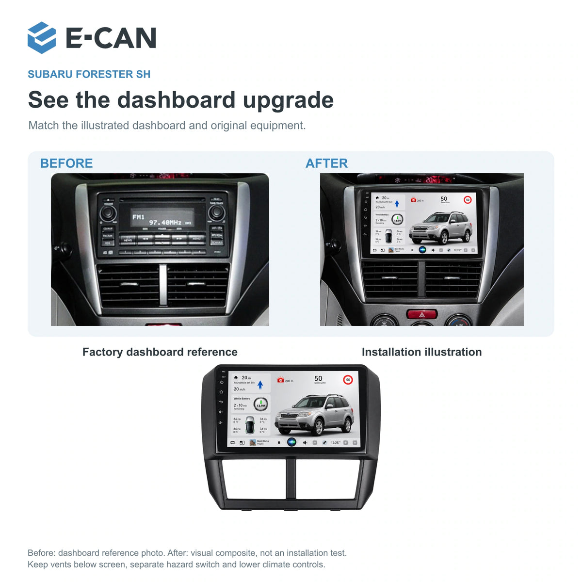 Factory dashboard reference and installation illustration for Subaru Forester SH SH 2008–2012
