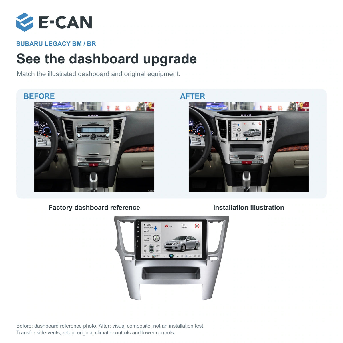 Factory dashboard reference and installation illustration for Subaru Legacy BM / BR BR 2010–2014