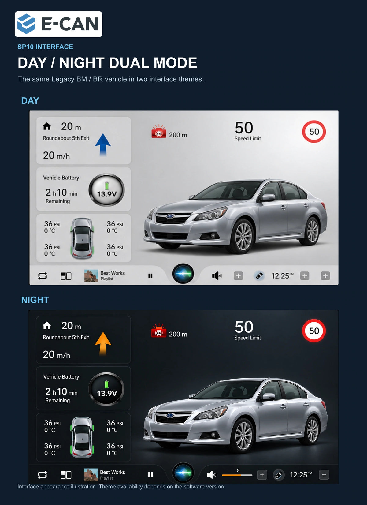 SP10 day and night interfaces with the same Legacy BM / BR vehicle for Subaru Legacy BM / BR BR 2010–2014