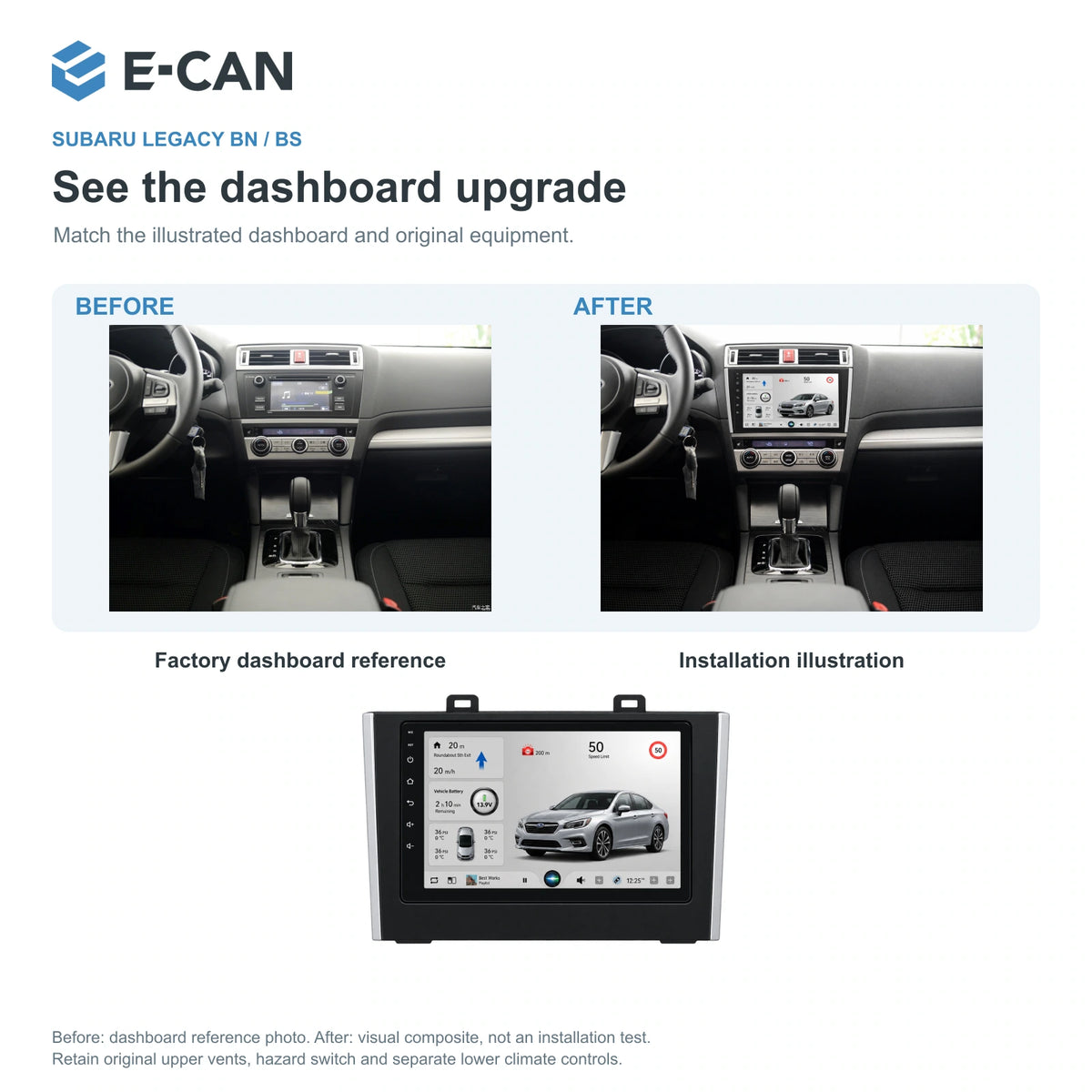 Factory dashboard reference and installation illustration for Subaru Legacy BN / BS BS 2015–2018