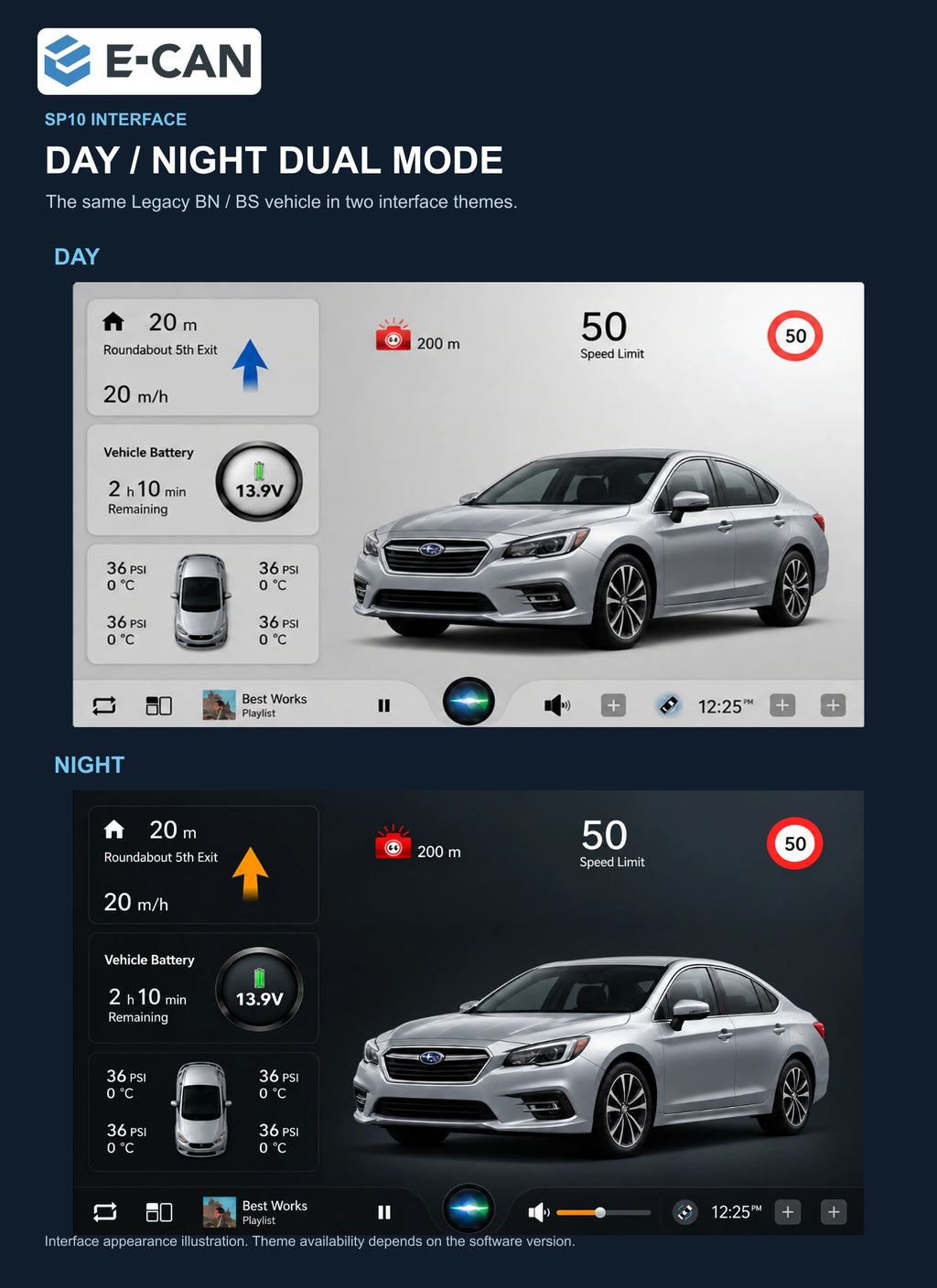 SP10 day and night interfaces with the same Legacy BN / BS vehicle for Subaru Legacy BN / BS BS 2015–2018