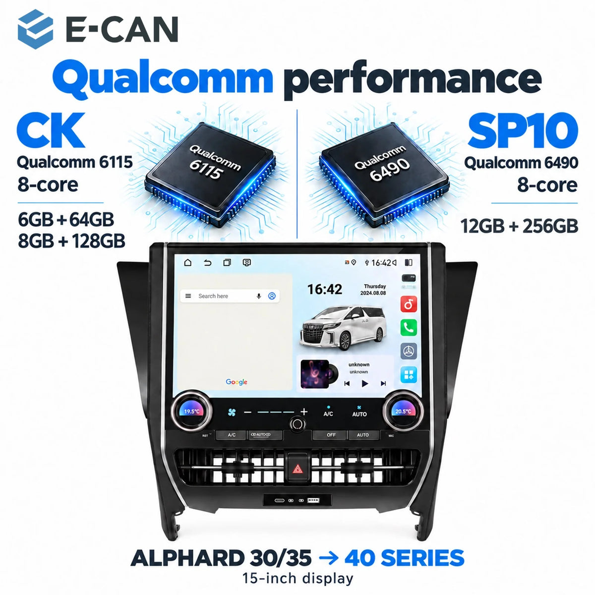 Toyota Alphard processor configurations; SP10 Qualcomm 6490 with 12GB RAM and 256GB storage.