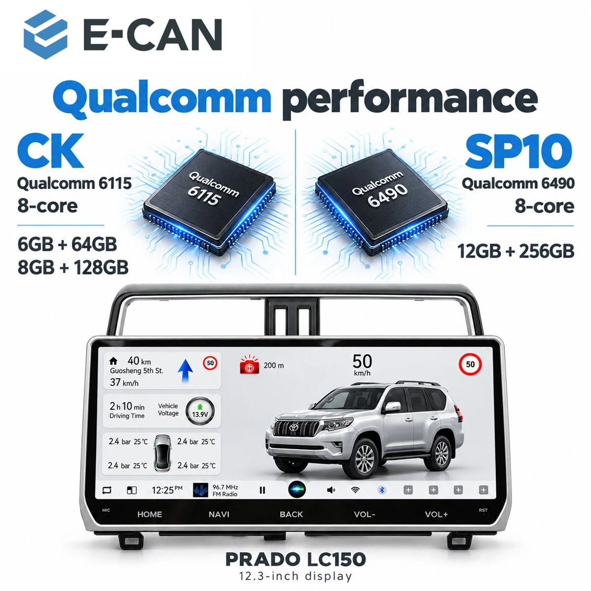 Toyota Prado LC150 processor configurations; SP10 Qualcomm 6490 with 12GB RAM and 256GB storage.