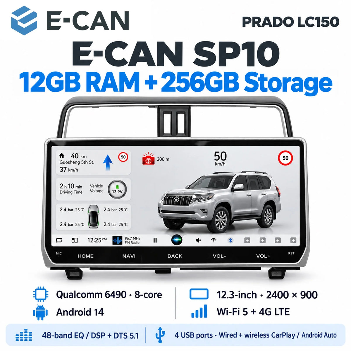 Toyota Prado LC150 SP10 head unit with 12GB RAM and 256GB storage.